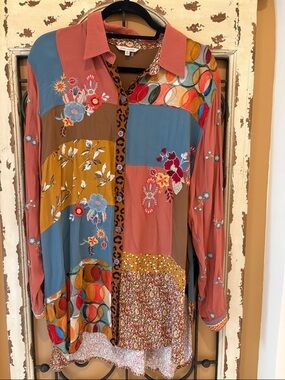 John Mark Multicolor Patchwork Button Down Shirt - Rust, Blue, Mustard, Brown